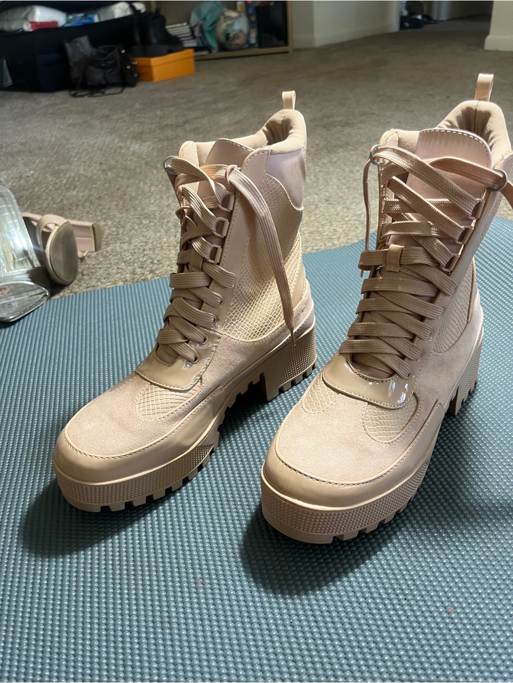 EGO Beige Lace-Up Chunky Combat Boots